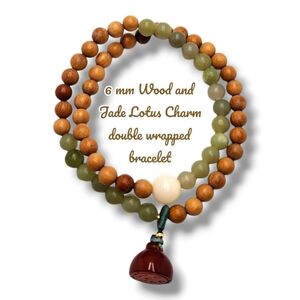 6 mm Wood and Jade, Lotus Charm double wrapped bracelet